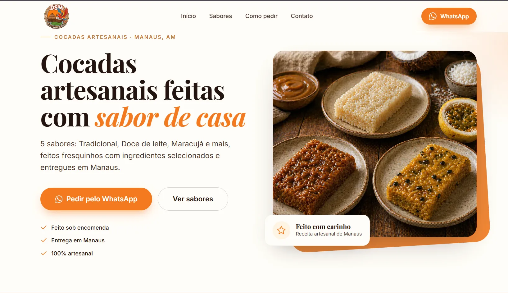 Landing page da Doces da Maloca: página comercial de apresentação dos produtos e pedidos pelo WhatsApp.